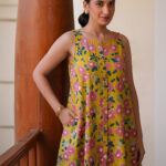 Yellow Pure Cotton Floral Printed A-Line Short Kurti