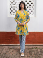 Yellow Georgette Floral Printed A-Line Short Kurti - Image 2