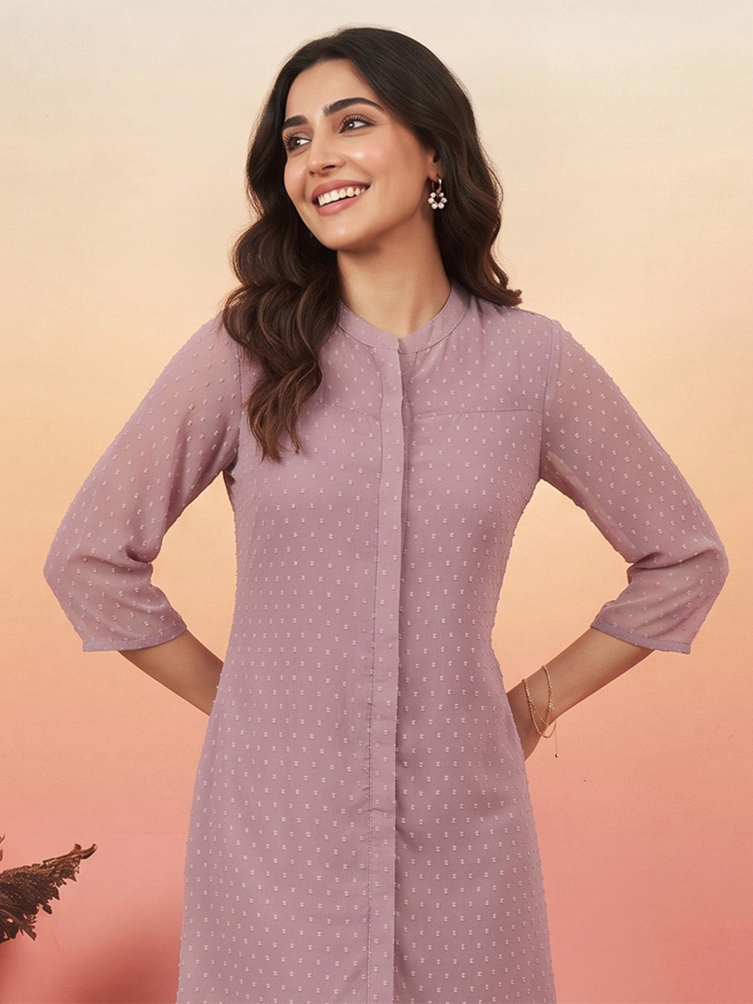 JAA26TU04502_1.jpg Lavender Dobby Chiffon Solid A-Line Short Kurti - Image 1