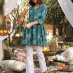 Teal Green Pure Cotton Paisley Printed Gathered Short Kurti