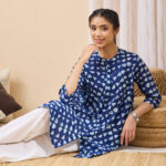 Blue Pure Cotton Printed A-Line Short Kurti