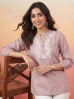 Lavender Silk Blend Floral Yoke Embroidered Straight Short Kurti