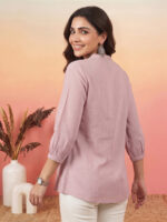 Lavender Silk Blend Floral Yoke Embroidered Straight Short Kurti - Image 2