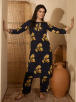 Navy Blue Pure Cotton Floral Printed Straight Cord Set
