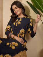 Navy Blue Pure Cotton Floral Printed Straight Cord Set - Image 2