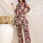 Maroon Pure Cotton Floral Printed Straight Cord Set
