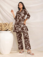 Brown Pure Cotton Floral Printed Straight Cord Set