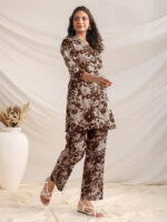Brown Pure Cotton Floral Printed Straight Cord Set - Image 2