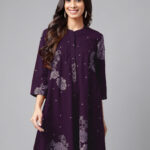 Purple Pure Cotton Floral Printed Flared Short Kurti