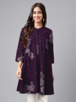 Purple Pure Cotton Floral Printed Flared Short Kurti