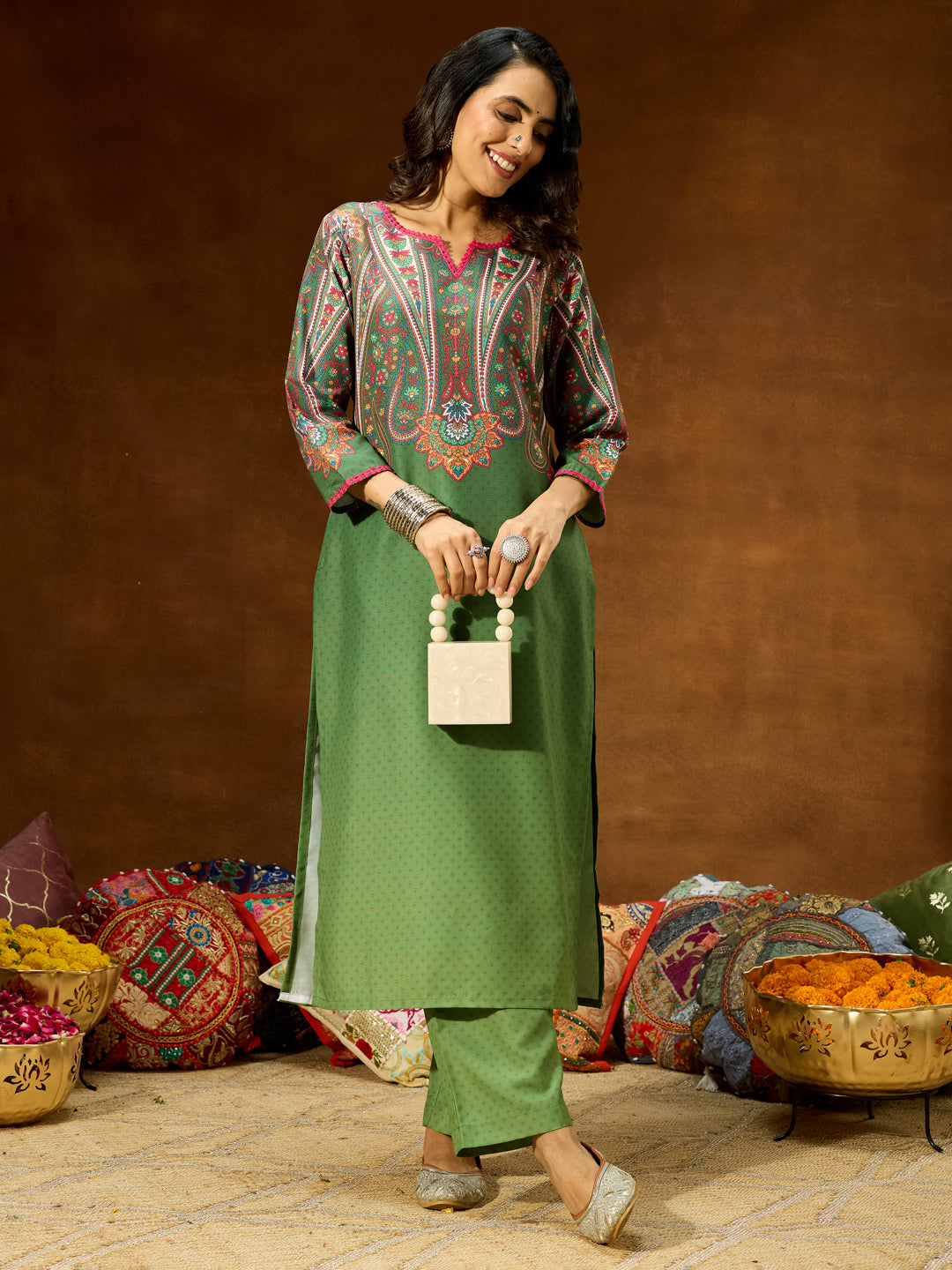 JAC25CD03429_1.jpg Green Cotton Blend Printed Straight Cord Set - Image 1