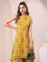 Mustard Pure Cotton Floral Printed A-Line Kurta with Culotte Pant Cord Set