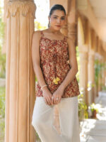 Rust Brown Pure Cotton Floral Printed A-Line Short Kurti