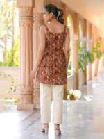 Rust Brown Pure Cotton Floral Printed A-Line Short Kurti - Image 3