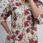 Cream Pure Cotton Floral Printed Straight Short Kurti