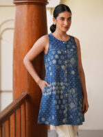 Teal Blue Pure Cotton Bandhani Printed A-Line Short Kurti - Image 2