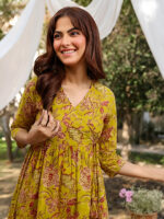 Mustard Pure Cotton Floral Printed A-Line Short Kurti - Style 03918 - Image 2