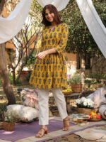 Mustard Pure Cotton Floral Printed A-Line Short Kurti - Style 03919