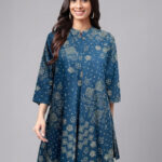 Teal Blue Pure Cotton Bandhani Printed Flared Short Kurti