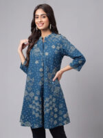 Teal Blue Pure Cotton Bandhani Printed Flared Short Kurti - Image 3