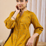 Mustard Linen Cotton Ethnic Motifs Printed Straight Short Kurti