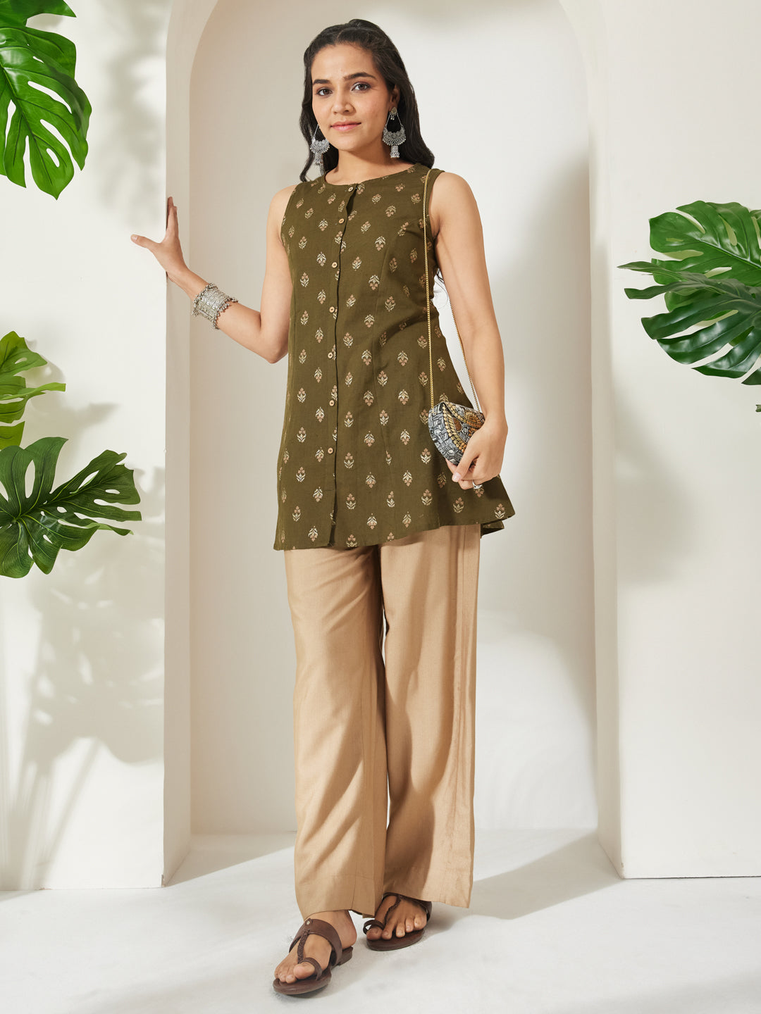 JAC26TU04265_1.jpg Olive Green Linen Cotton Foil Ethnic Motifs Print A-Line Short Kurti - Image 1