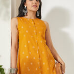Mustard Linen Cotton Foil Print A-Line Short Kurti