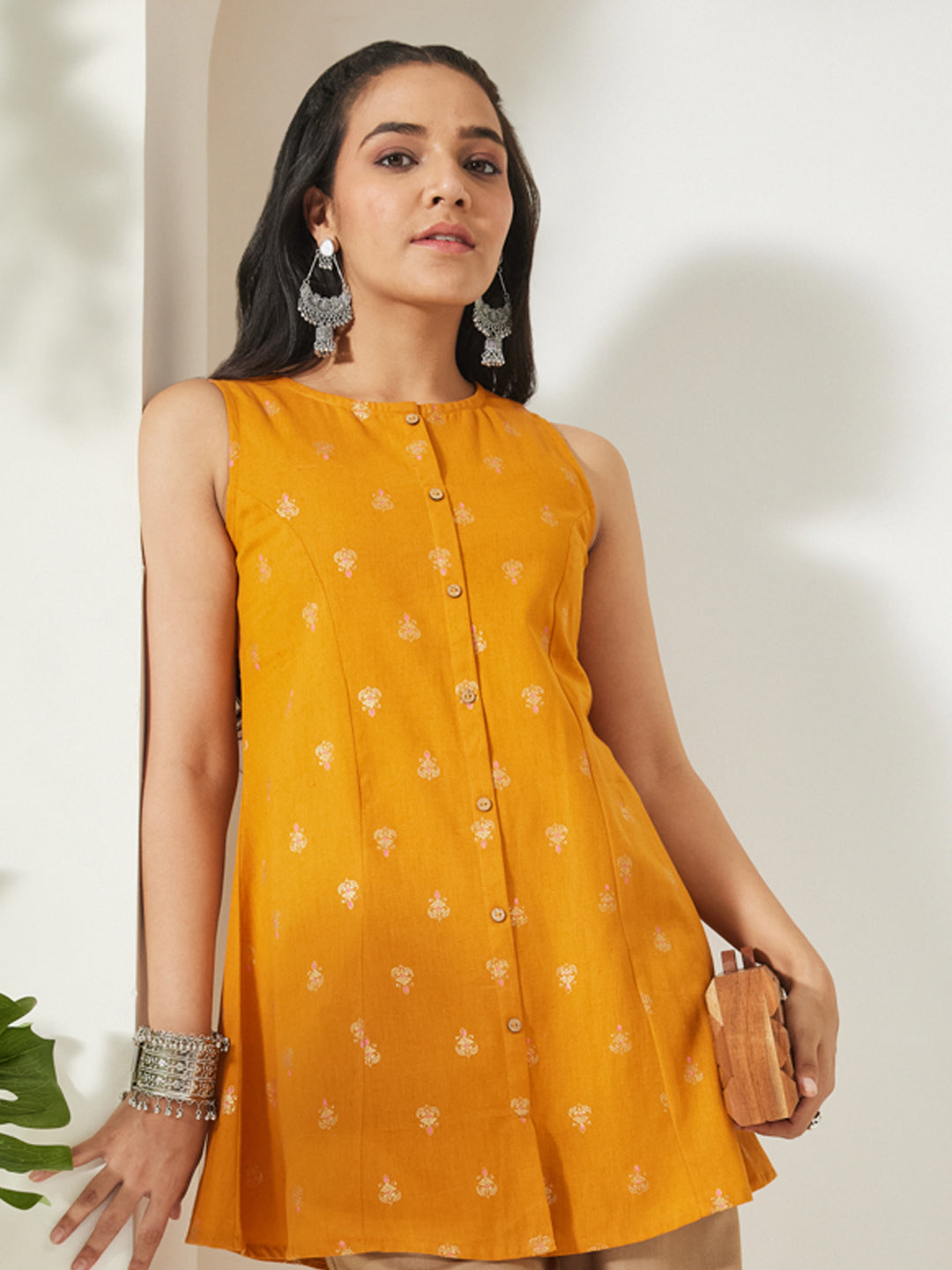 JAC26TU04342_1.jpg Mustard Linen Cotton Foil Print A-Line Short Kurti - Image 1