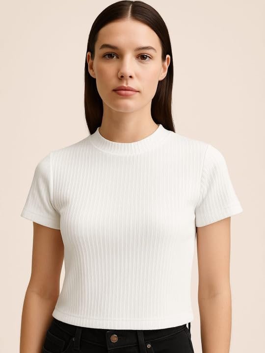 411UQGLYs0L.jpg Women's White Ribbed Crop T-Shirt, - Image 1