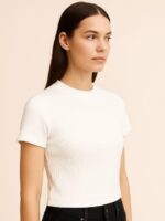 Women's White Ribbed Crop T-Shirt, - Image 2