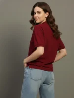Women Polo Neck Cotton Blend Maroon T-Shirt - Image 2