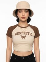 Womens Black Graphic Ruched Crop Top - Image 4