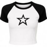 Womans Crop Top Grahic Printed Star Two-Tone Short Sleeve Graphic T-Shirt