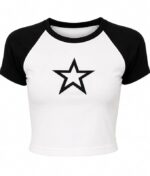 Womans Crop Top Grahic Printed Star Two-Tone Short Sleeve Graphic T-Shirt