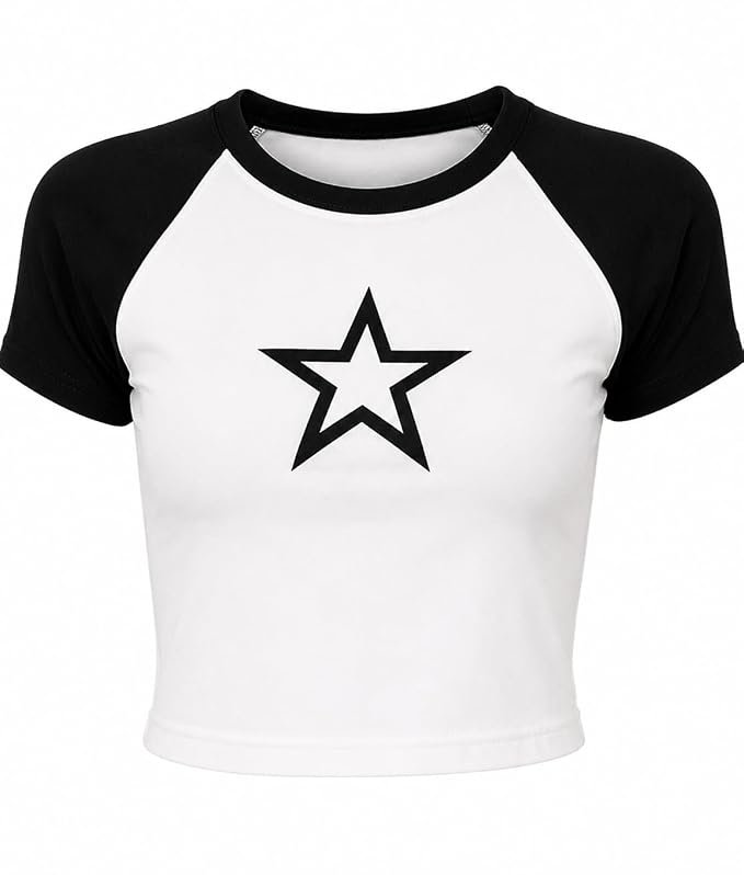 51dkbdjTdL._SX679_.jpg Womans Crop Top Grahic Printed Star Two-Tone Short Sleeve Graphic T-Shirt - Image 1