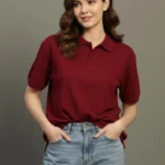 Women Polo Neck Cotton Blend Maroon T-Shirt