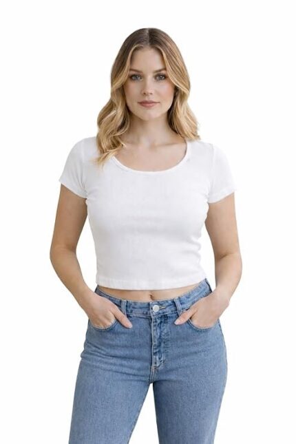 Women’s Fitted Crop Top – Soft Stretch Short Sleeve Casual T-Shirt