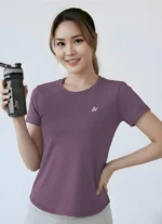 Women Solid Round Neck Polyester Purple T-Shirt - Image 4