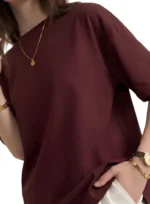Solid Round Neck Cotton Blend Maroon T-Shirt - Image 3
