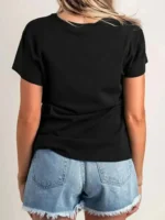 Women Printed Round Neck Pure Cotton Black T-Shirt - Image 2