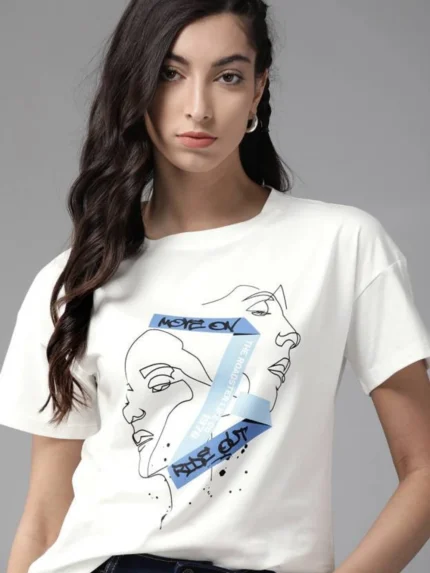 Women Printed Round Neck Pure Cotton White T-Shirt