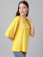 Women Printed Round Neck Cotton Blend Yellow T-Shirt - Image 3