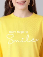 Women Printed Round Neck Cotton Blend Yellow T-Shirt - Image 2