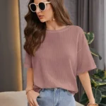 Women Self Design Round Neck Linen Blend Pink T-Shirt