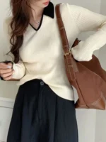 Women Self Design Polo Neck Cotton Blend Beige T-Shirt - Image 3