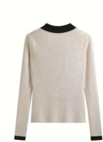 Women Self Design Polo Neck Cotton Blend Beige T-Shirt - Image 5