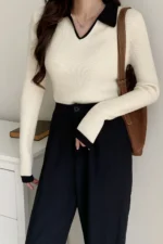 Women Self Design Polo Neck Cotton Blend Beige T-Shirt - Image 2