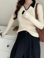 Women Self Design Polo Neck Cotton Blend Beige T-Shirt - Image 4
