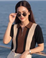 Women Colorblock Zip Neck Cotton Blend Brown, Black T-Shirt - Image 5