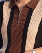 Women Colorblock Zip Neck Cotton Blend Brown, Black T-Shirt - Image 4